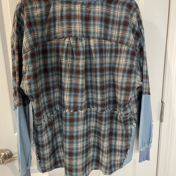 Fate Plaid Chambray 90s grunge zip oversized distressed shacket shirt flannel - Picture 4 of 8